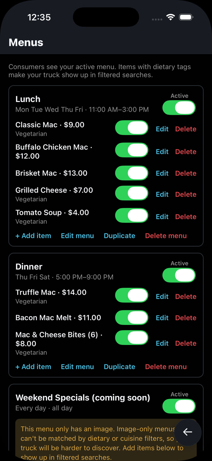 The vendor menu editor with items, prices and dietary tags
