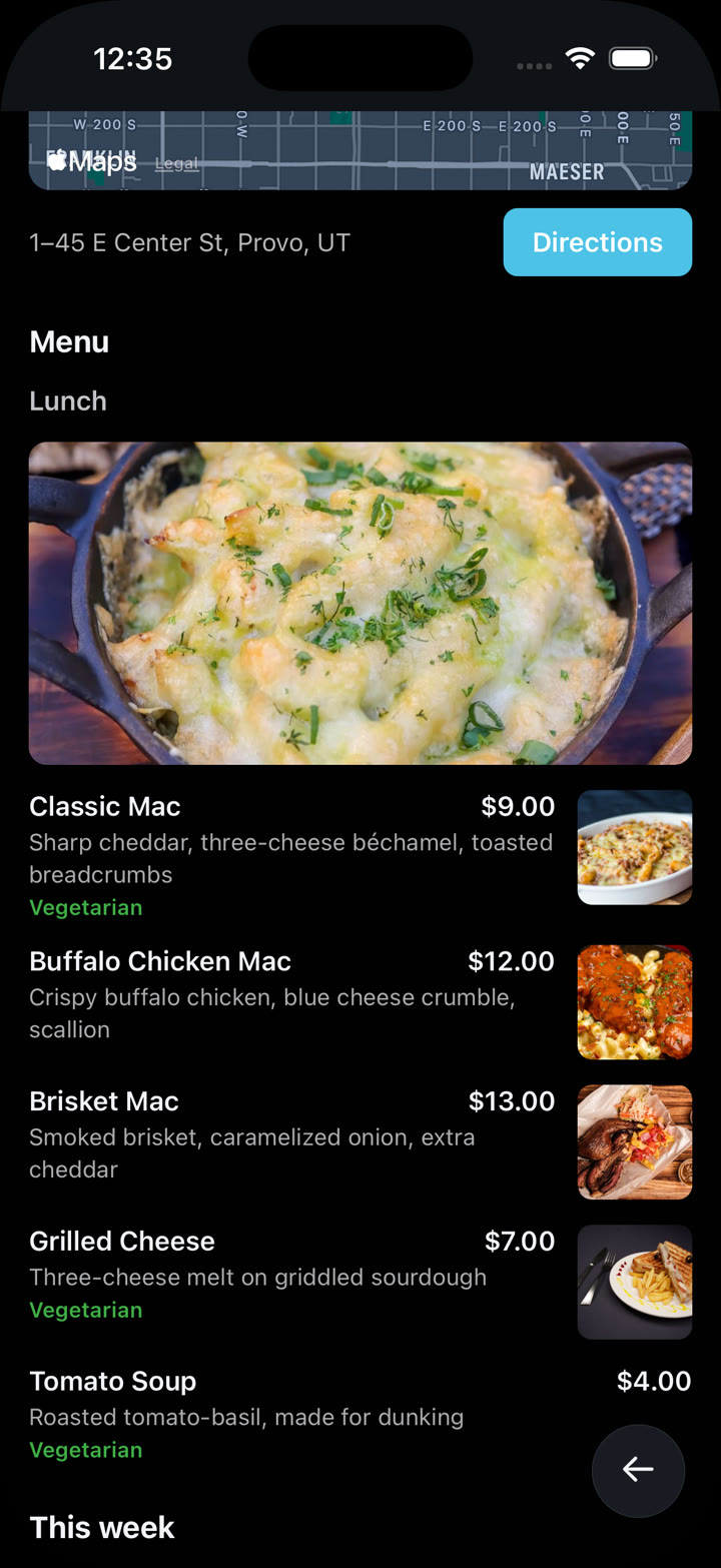 A published menu with photos and prices as customers see it